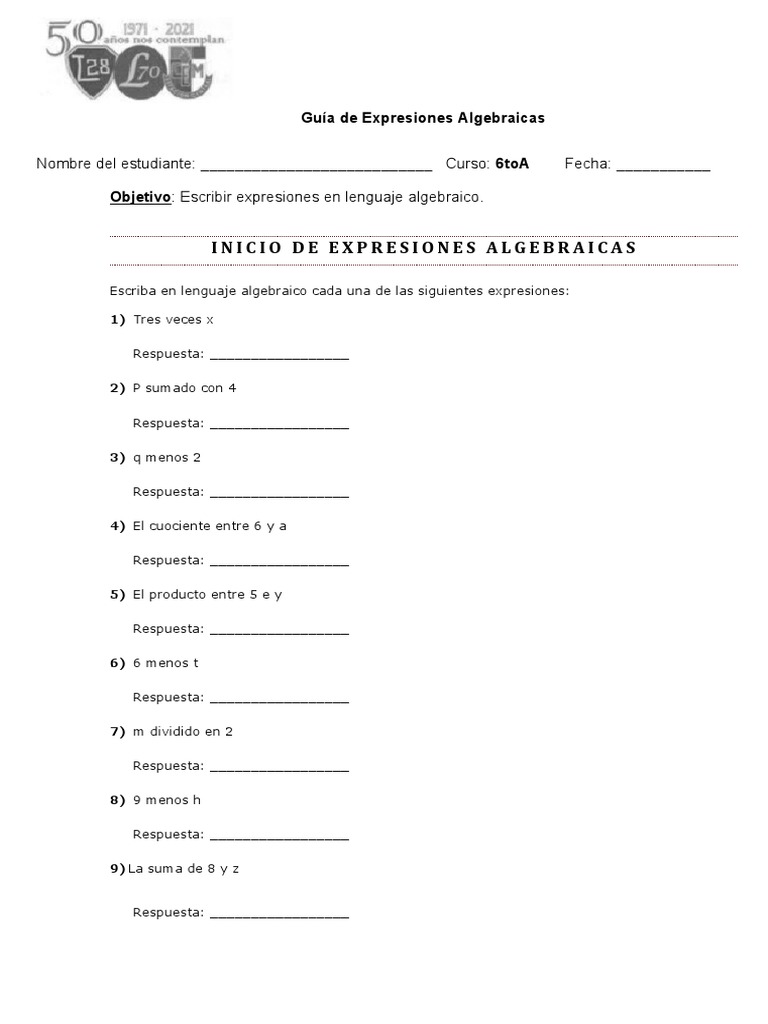 Guía de Expresiones Algebraicas 6to Básico | PDF | Crecimiento personal ...