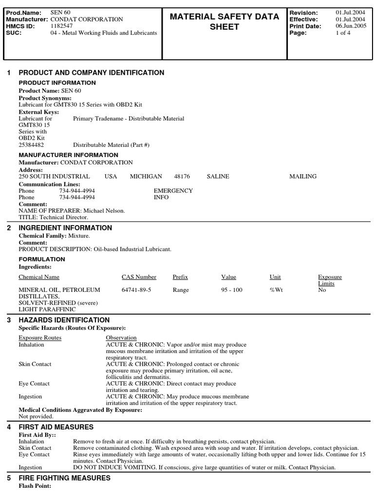 SDS Condat Sen 60 PDF Personal Protective Equipment Water