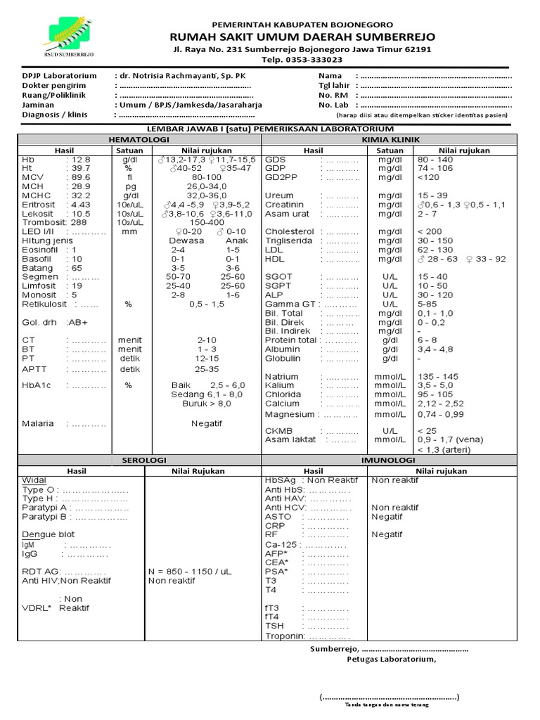 Lembar Jawab 1 Pemeriksaan Laboratorium Sumberrejo (Kosong) | PDF