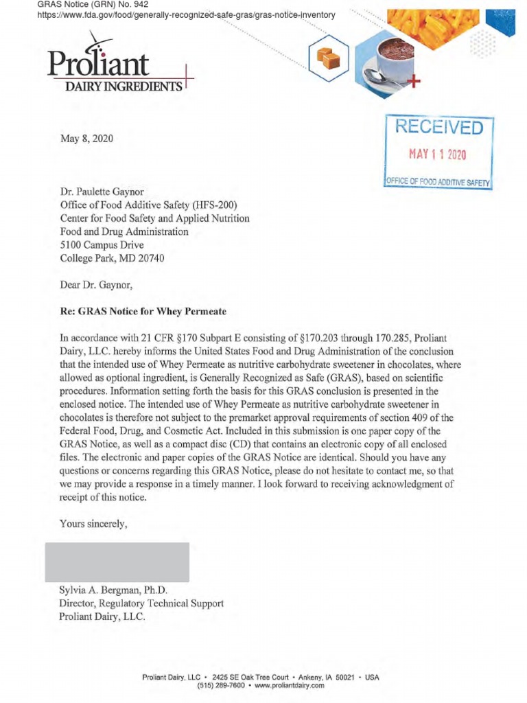 GRAS NoticeGRN 942WheyPermeate PDF Milk Food Allergy