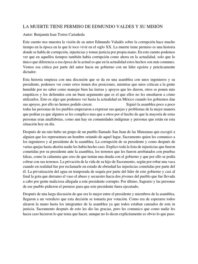 La Muerte Tiene Permiso de Edmundo Valdes y Su Misión PDF Corrupción política