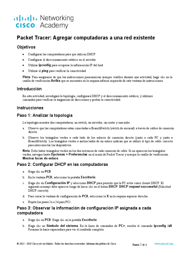 Configuración de DHCP y IP Estática en Packet Tracer | PDF | Dirección ...
