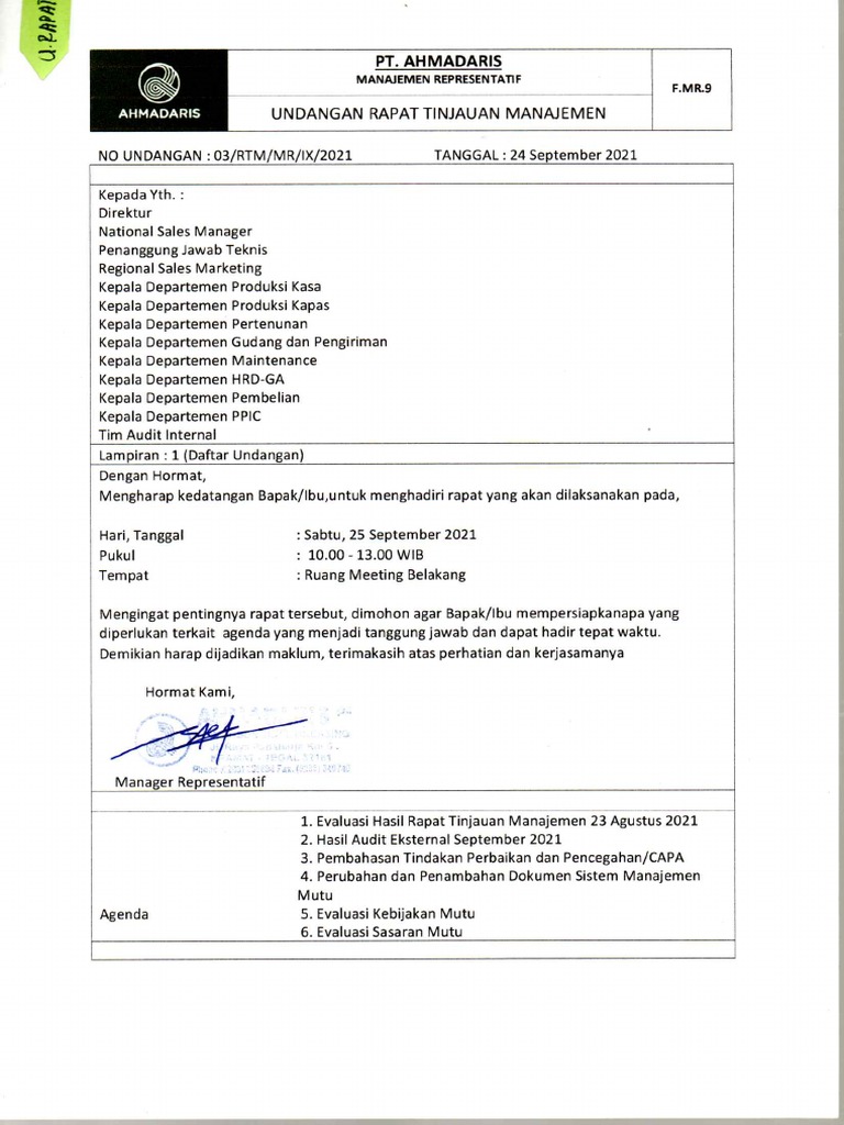 Undangan Rapat Tinjauan Manajemen | PDF