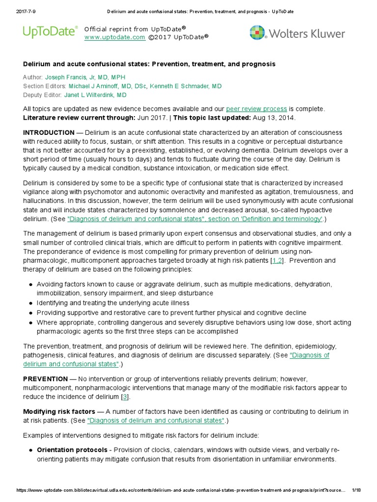 Delirium and Acute Confusional States Prevention, Treatment, and Prognosis UpToDate PDF