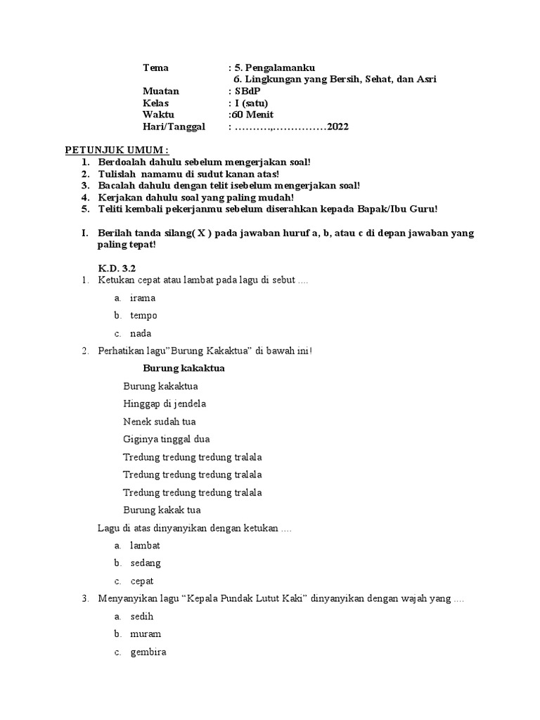 Soal PTS 2 SBDP Kl. 1 PDF