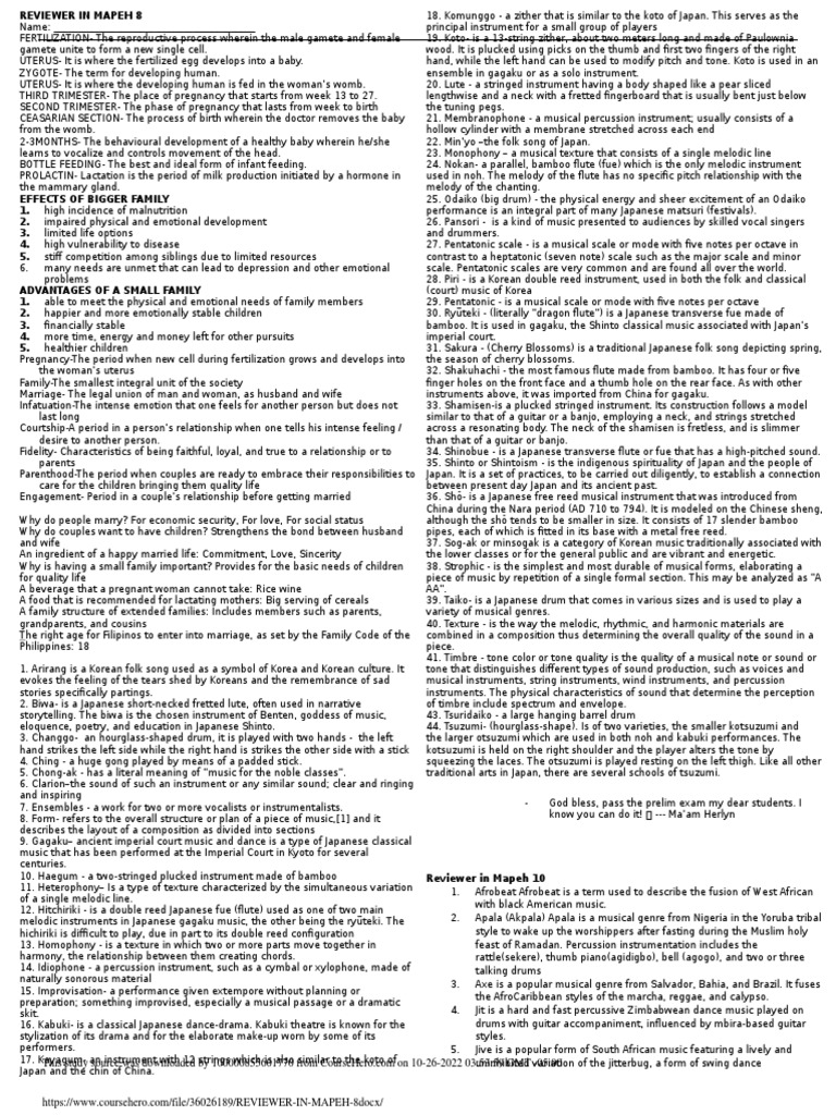 Reviewer in Mapeh 8 | PDF | Musical Instruments | Drum