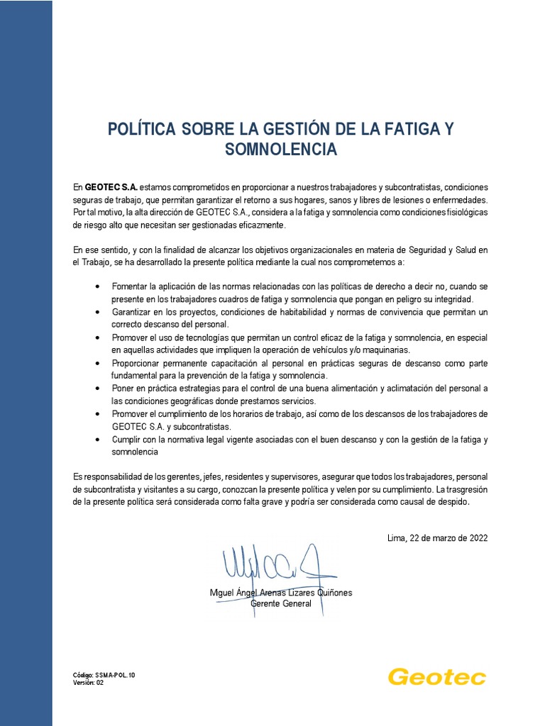 Política Sobre La Gestión de La Fatiga y Somnolencia | PDF