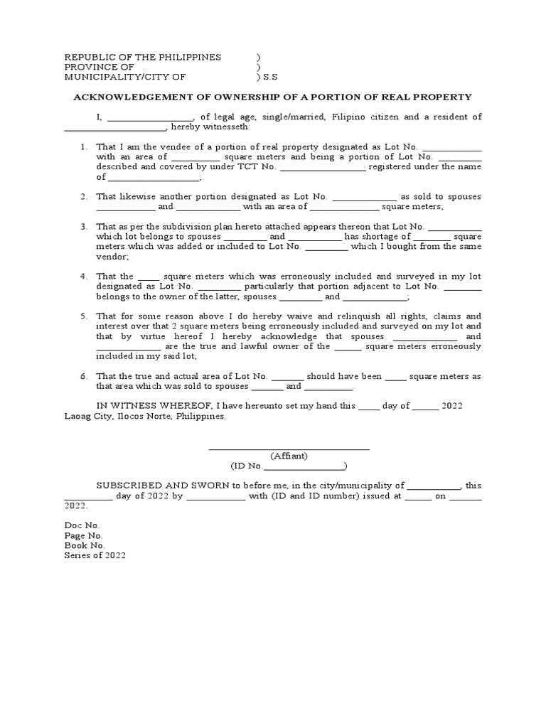 Acknowledgement of Ownership of A Portion of Real Property | PDF
