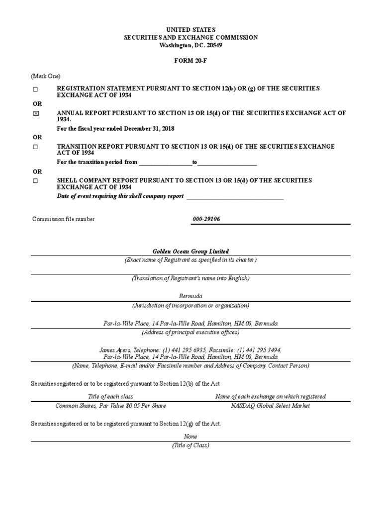 Sec form 20 f of golden ocean group for fiscal year 2018 pdf equity