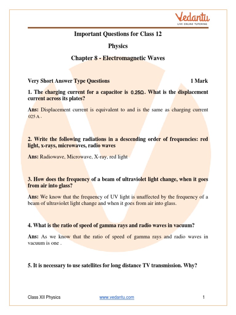 Important Questions For CBSE Class 12 Physics Chapter 8 | PDF ...