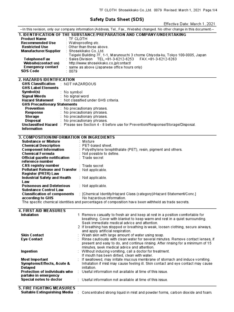 Safety Data Sheet (SDS) TF CLOTH Shosekikako Co.,Ltd. 0079 Revised March 1, 2021 Page.1/4