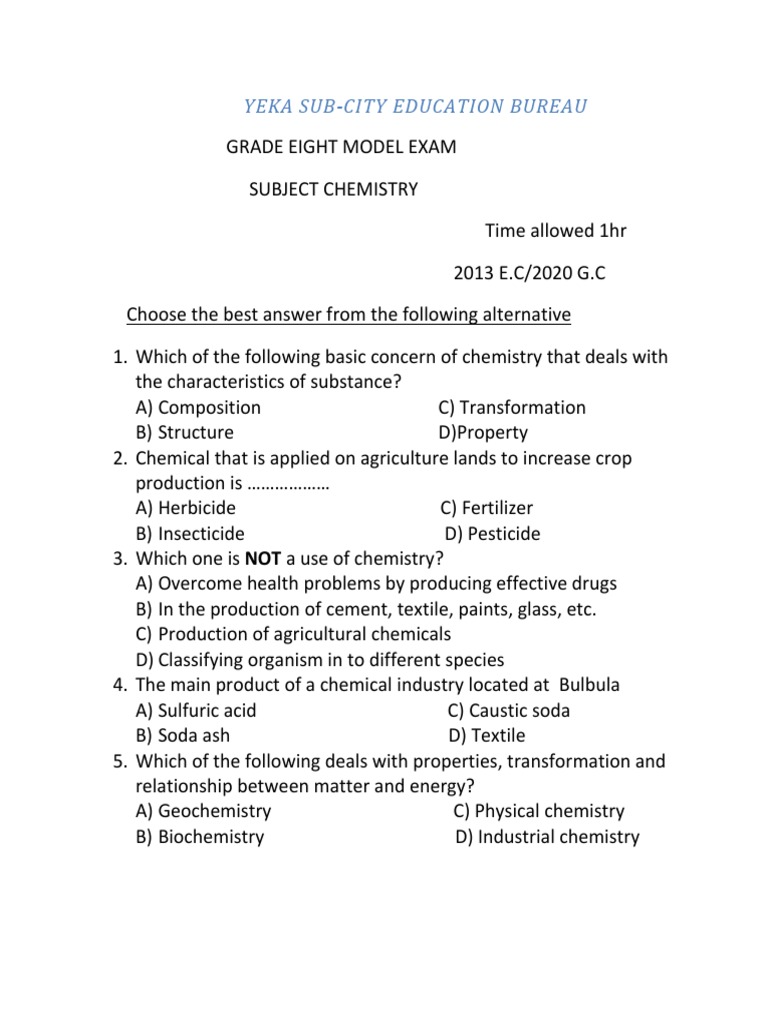 Grade 8 3rd Round Chemistry Model Exam PDF Atoms Neutron
