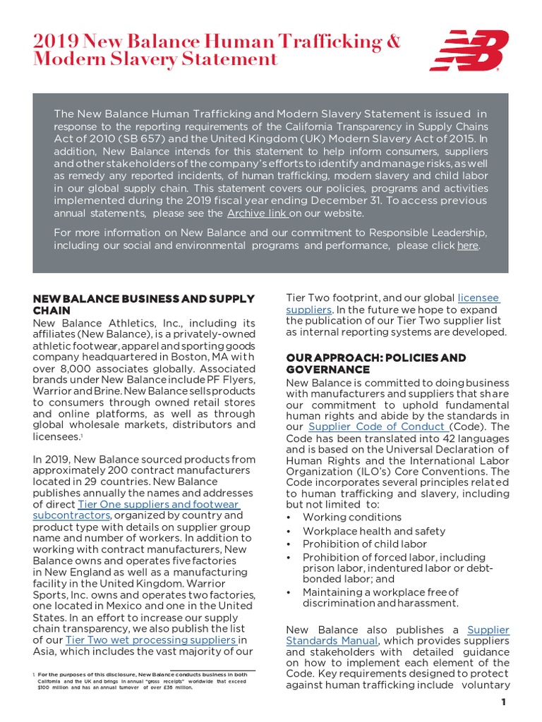 2019 New Balance Human Trafficking and Modern Slavery Statement PDF