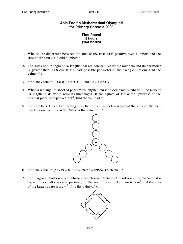 APMOPS 2008 Sample Questions and Solutions | PDF | Area | Triangle