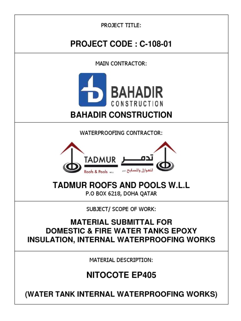 Fosroc Nitocote EP405 Technical Submittal PDF Water Safety