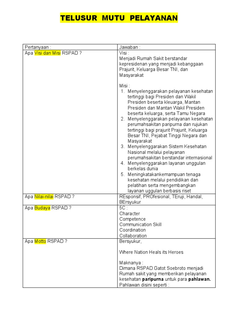 Visi dan Misi RSPAD Gatot Soebroto | PDF