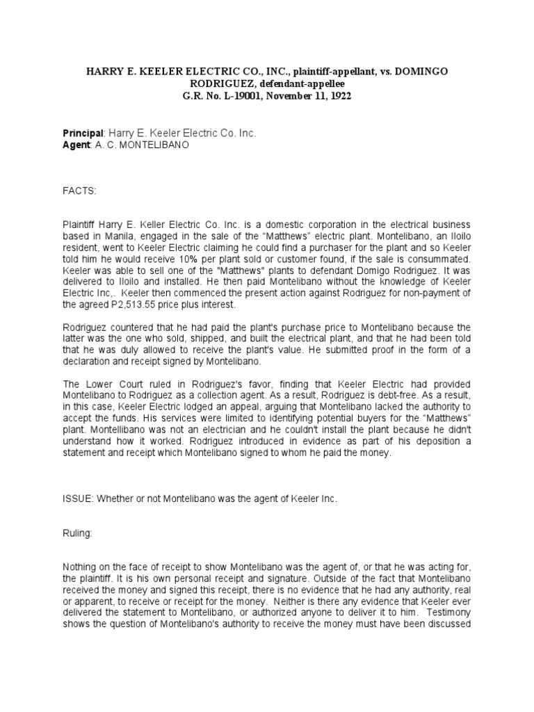 Harry Keeler Electric Co. v. Rodriguez, G.R. No. L19001, November 11