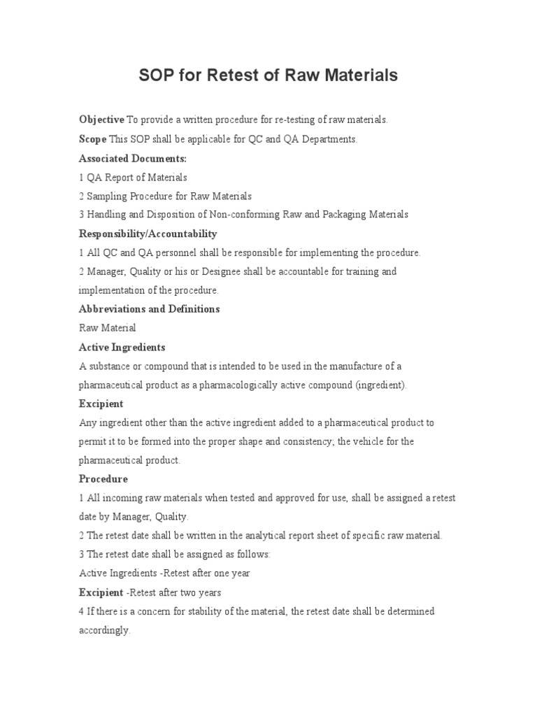 SOP For Retest of Raw Materials PDF Shelf Life Physical Sciences
