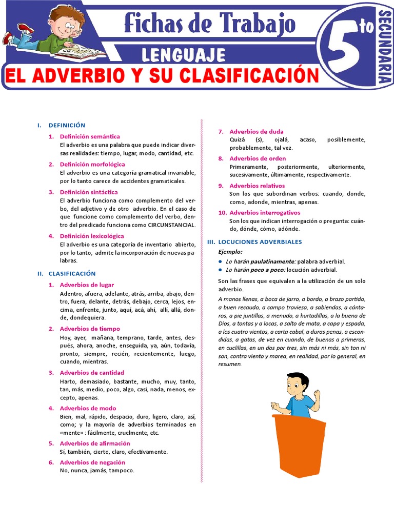 El Adverbio y Su Clasificacion para Quinto Grado de Secundaria | PDF ...