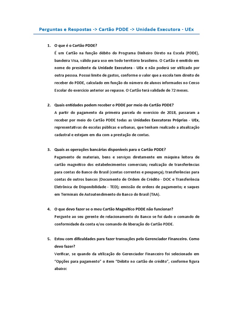Perguntas E Respostas - Cartão Pdde - Unidade Executora - Uex | PDF ...