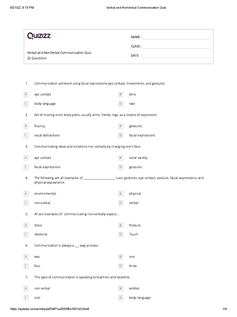 Verbal and NonVerbal Communication Quiz PDF Nonverbal Communication