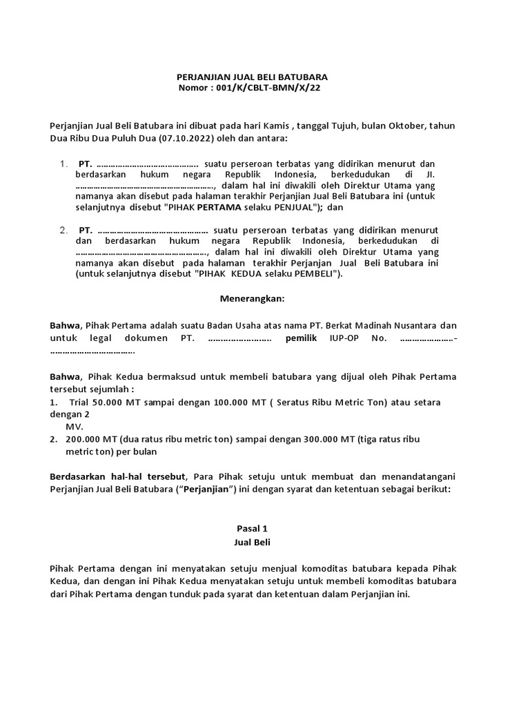 Perjanjian Jual Beli Batubara Fob Tongkang | PDF