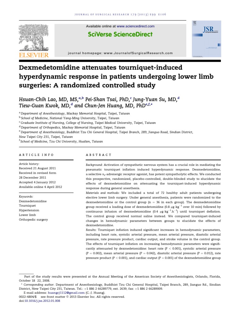 Using Dexmedetomidine For Tourniquet Blood Pressure PDF Blood