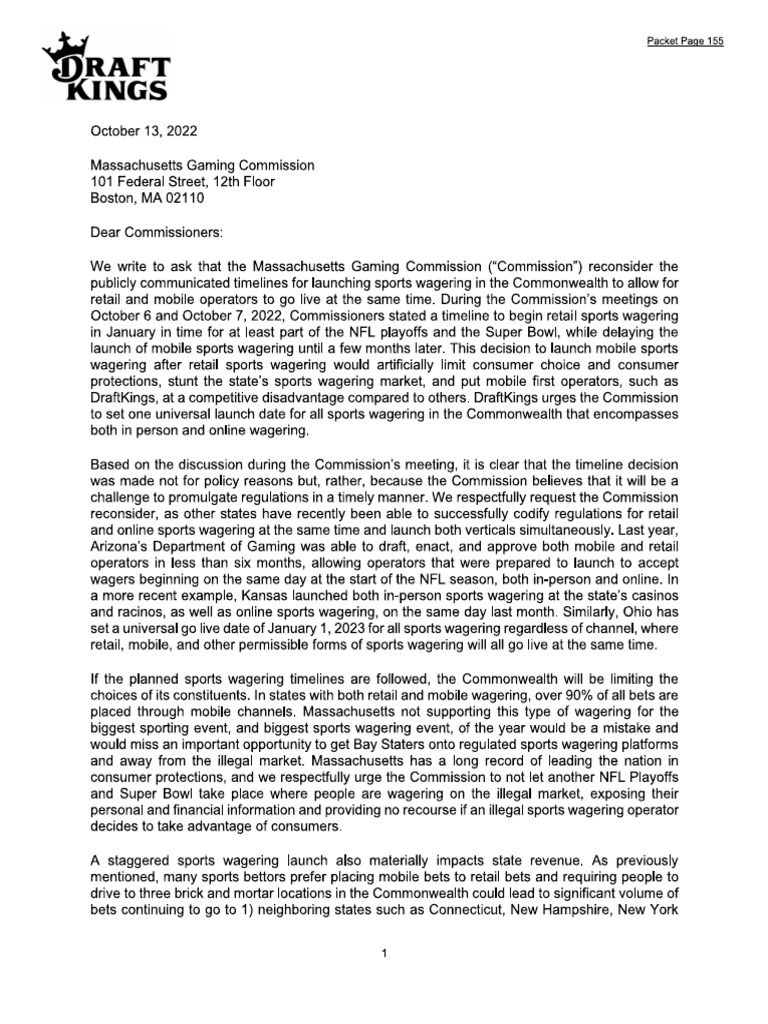 DraftKings Letter To Massachusetts Gaming Commission | PDF