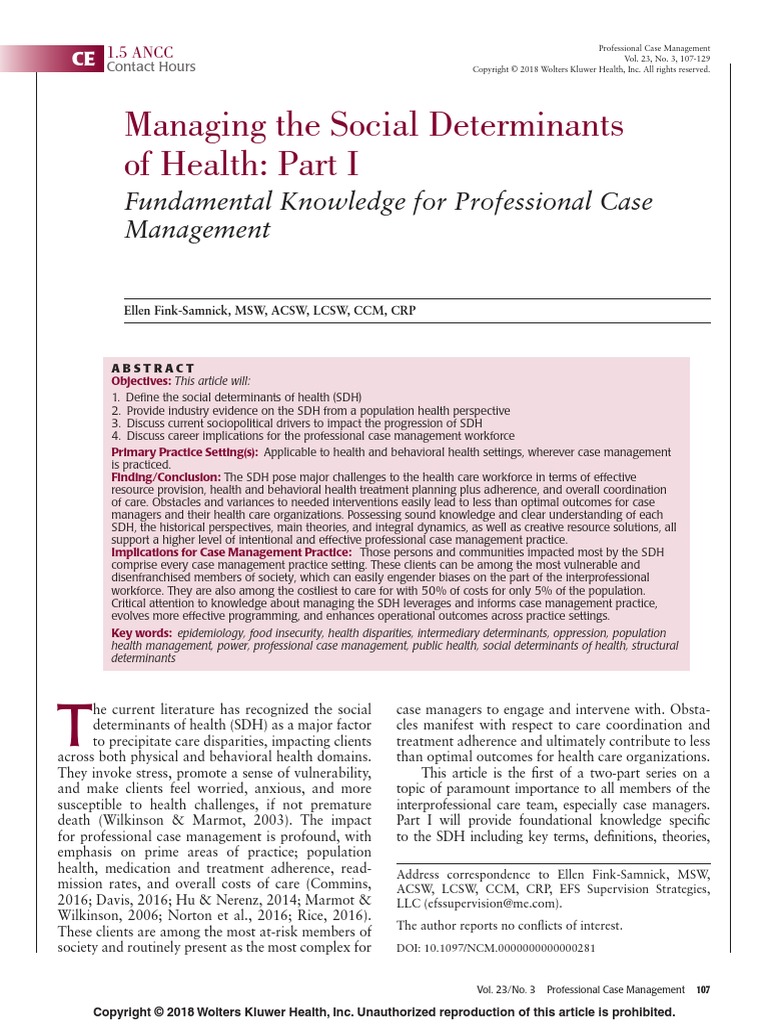 Managing The Social Determinants of Health Part 1 Fundamntal Knowlegde ...