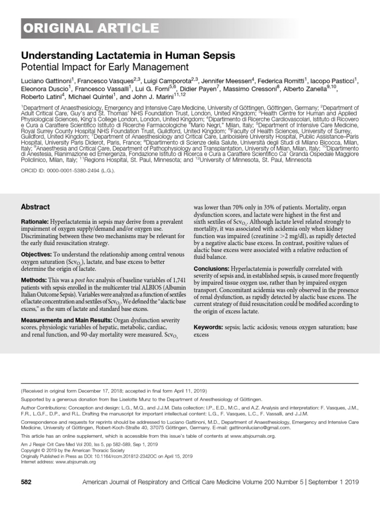 Ajrccm Lactatemia | PDF | Sepsis | Kidney