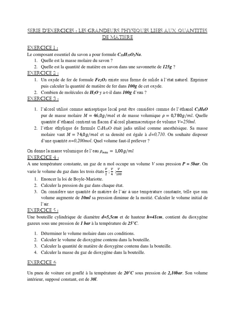 Exercices sur les Grandeurs Physiques et Quantités de Matière | PDF ...