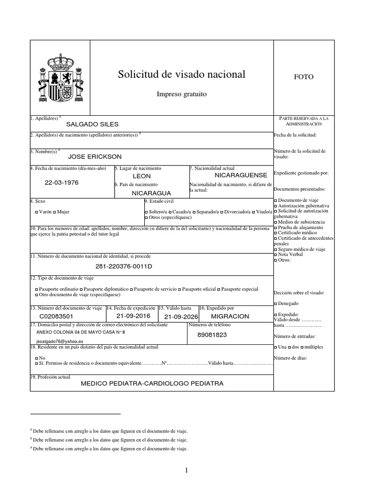 Solicitud de Visado Nacional España | PDF | Visa de viaje | Gobierno y ...
