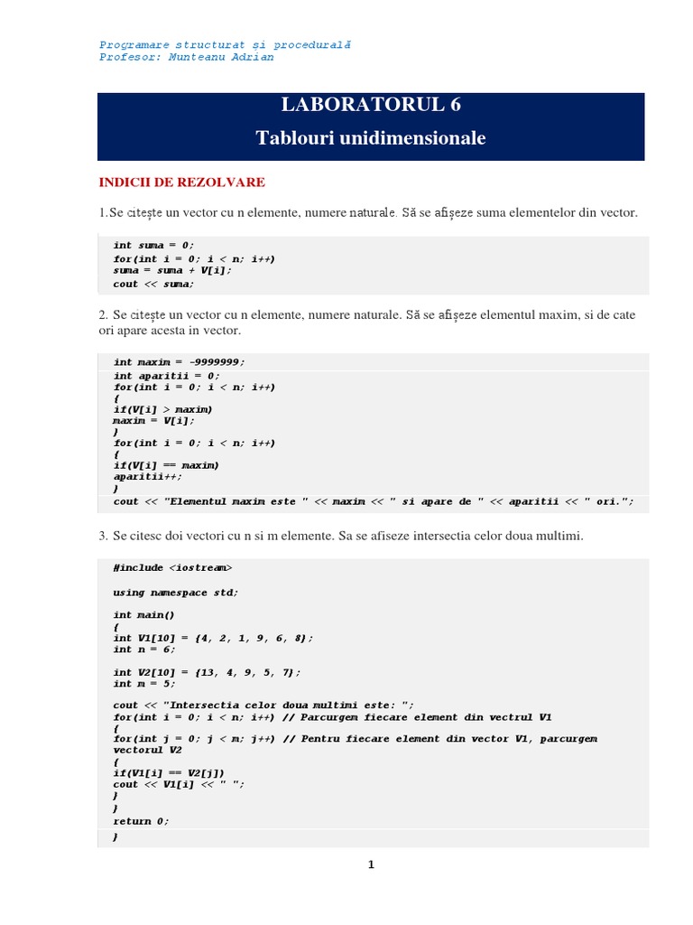 Laborator - 6 - Tablou Unidimensional | PDF