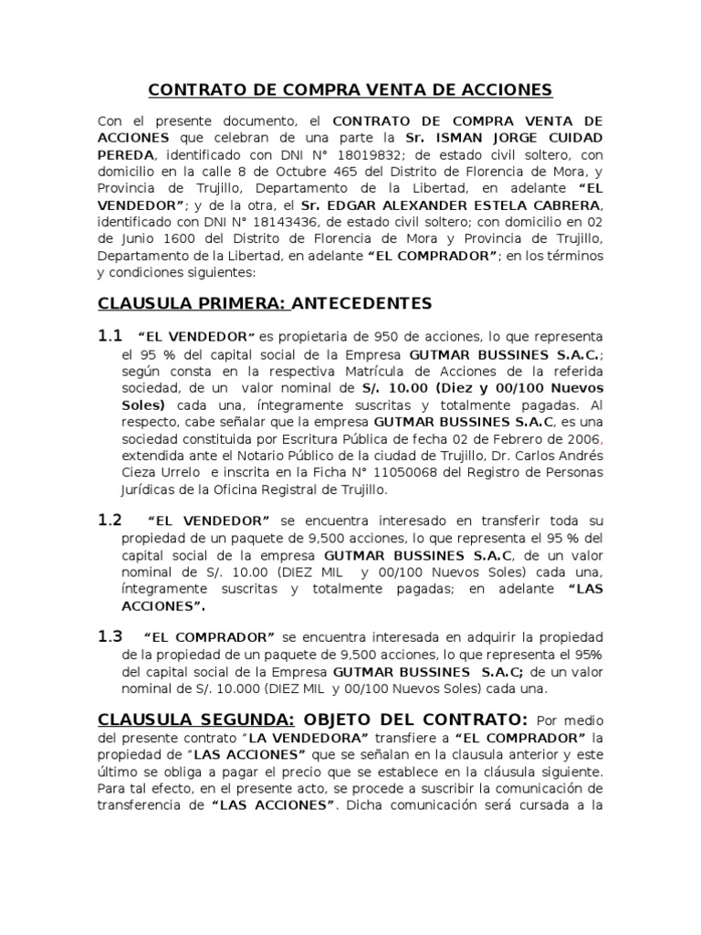 Modelo de Contrato de Compra Venta de Acciones