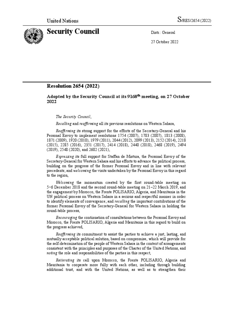 UN Security Council Resolution On Western Sahara 2654 (2022) PDF