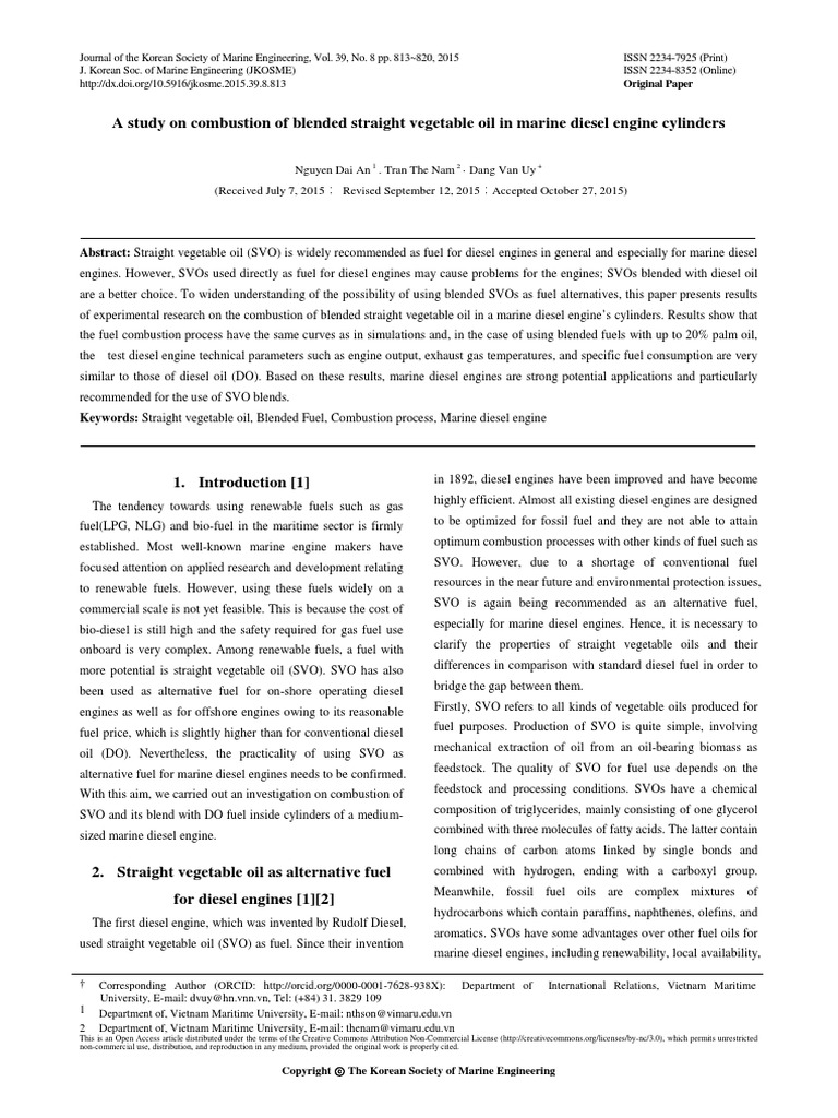 A Study On Combustion of Blended Straight Vegetable Oil in Marine Diesel Engine Cylinders PDF