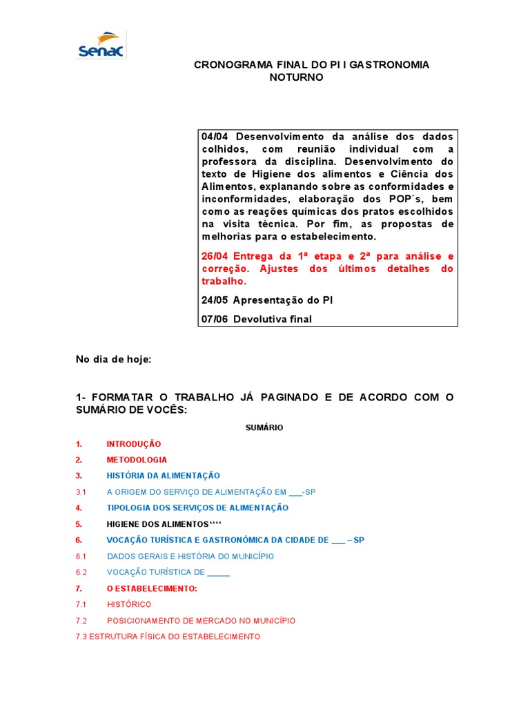 Cronograma Final Do Pi I Gastronomia Noturno | PDF