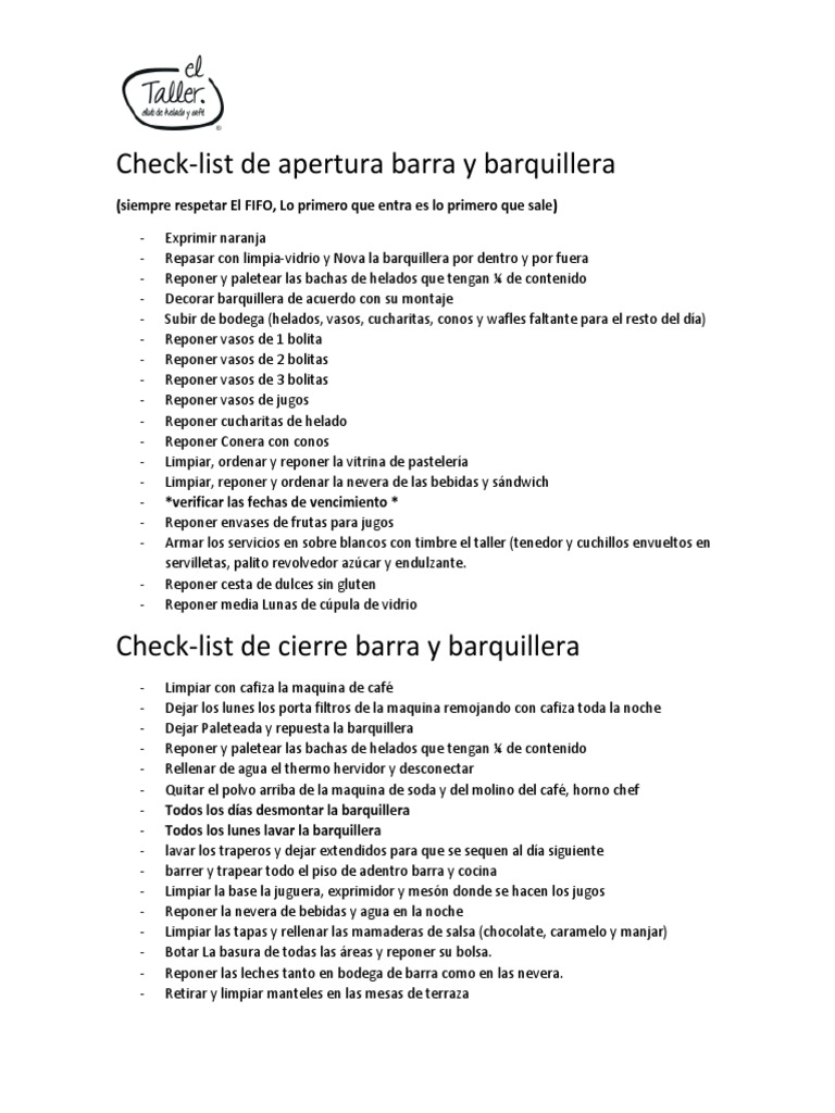 Check-List Apertura y Cierre Del Local | PDF