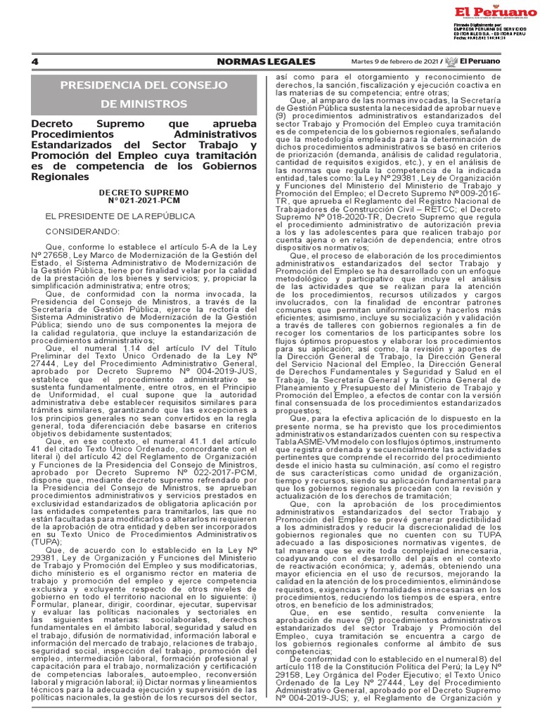 Decreto Supremo 021 2021 PCM | PDF | Derecho laboral | Regulación