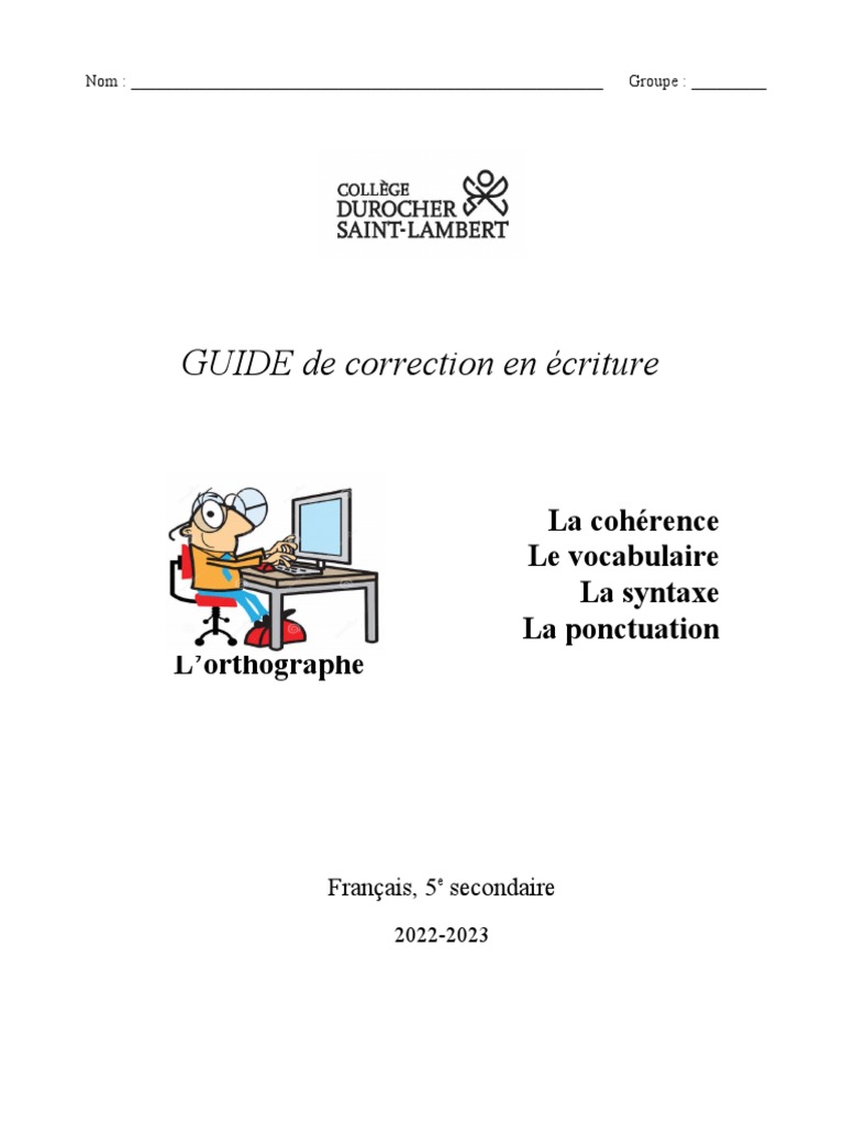 Guide de correction en écriture 5e | PDF | Phrase | Guillemet