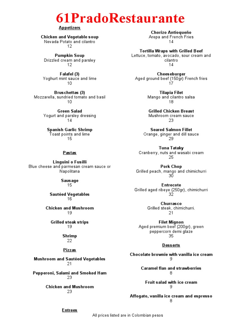 61 Prado Restaurant Menu Highlights | PDF | Grilling | Sauce