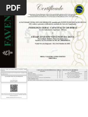 Certificado de Conclusão de Curso - COM FUNDO (Capacitação) - César Augusto Venâncio Da Silva - FISIOLOGIA GERAL- CAPACITAÇÃO 240 HORAS