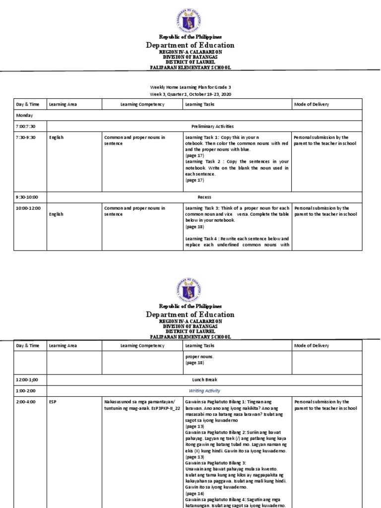 Weekly 3home Learning Plan For Grade 3 | Download Free PDF | Philippines