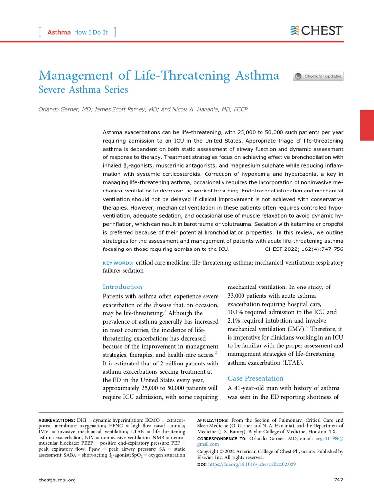 Management of Life Threatening Asthma. Severe Asthma Series. CHEST 2022