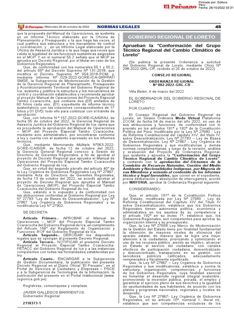 Gobierno Regional de Loreto: Normas Legales | PDF | Gobierno | Perú