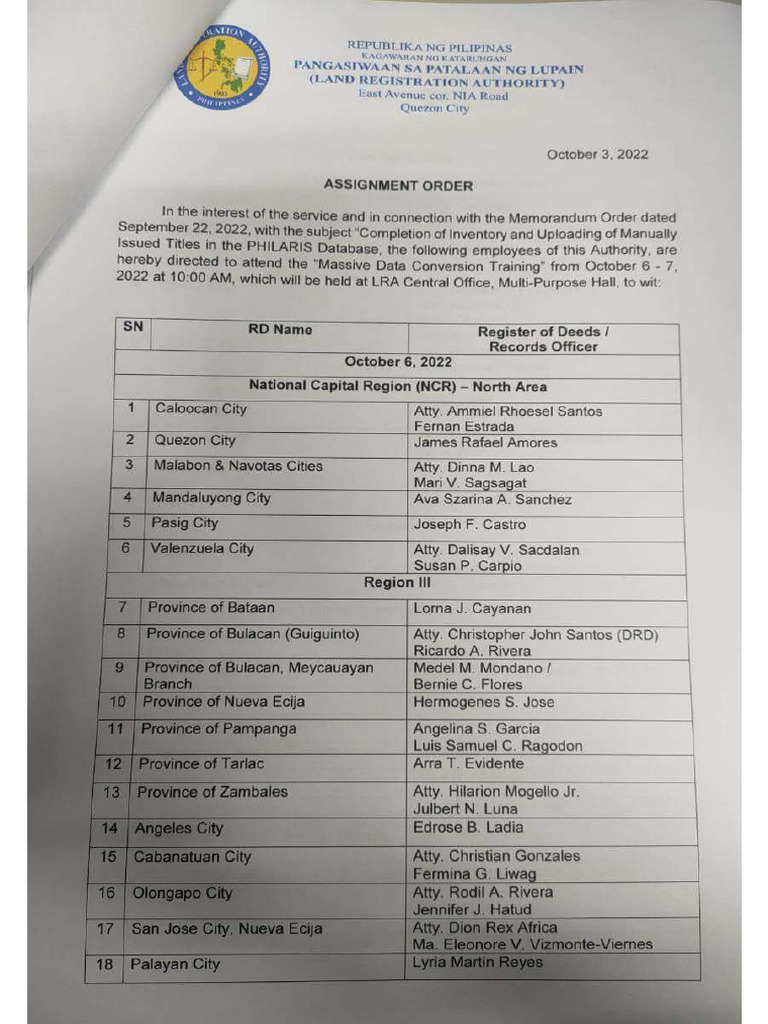 Assignment Order Data Conversion Close Out Training NCR R3 R4 A Oct 6 ...