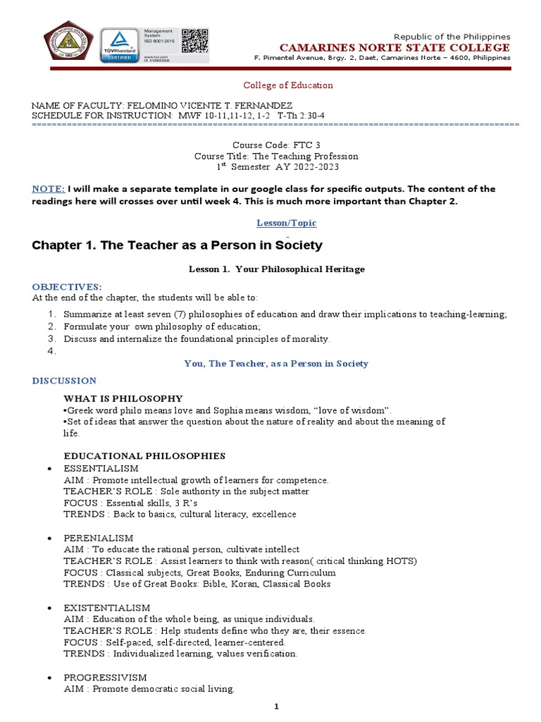 Teacher's Role in Society and Philosophy | PDF | Curriculum | Teaching ...
