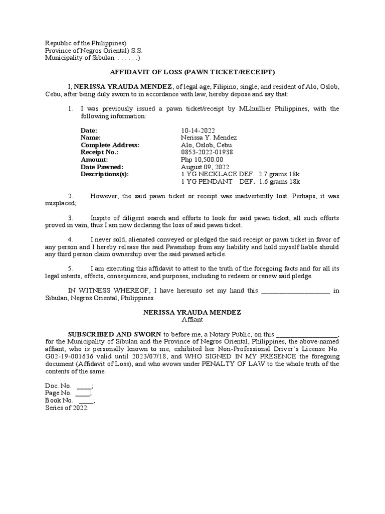 Lost Pawn Ticket Affidavit | PDF | Affidavit | Pawnbroker