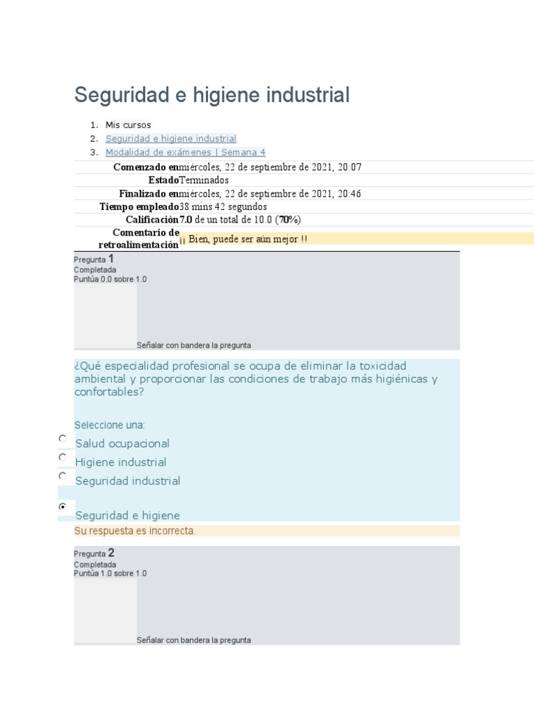 Examen de Seguridad e Higiene Industrial | PDF | Higiene Ocupacional ...