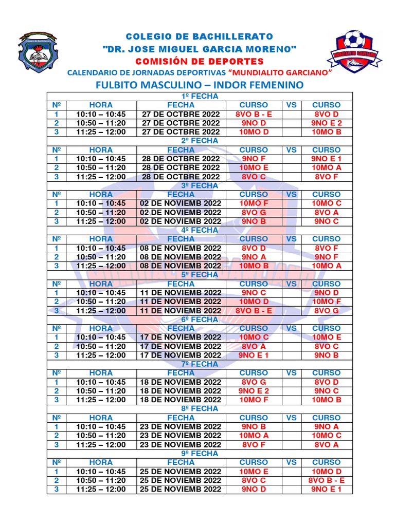 Calendario de juegos pdf